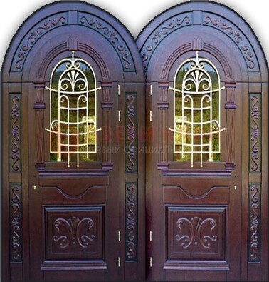 Индивидуальная арочная дверь со стеклом и ковкой ДА-19 в Дедовске