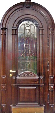 Арочная металлическая дверь массив со стеклом и ковкой ДА-50 в Дедовске