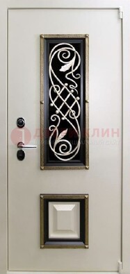 Белая стальная дверь с ковкой со стеклопакетом и МДФ ДК-30 в Дедовске