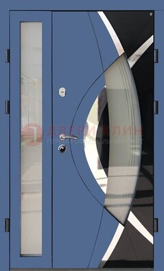 Синяя металлическая дверь со стеклом и узором ДС-13 в Дедовске