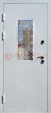 Серая металлическая дверь со стеклом и ковкой ДС-75 в Дедовске