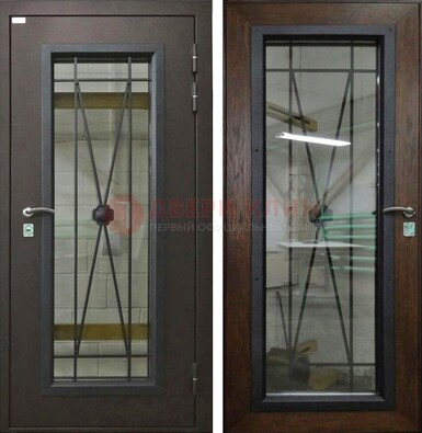 Коричневая железная дверь со стеклом для частного дома ДС-8 в Дедовске