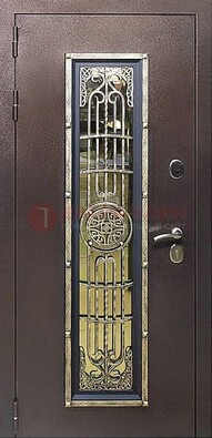 Железная дверь цвета медный антик со стеклом и ковкой ДСК-105 в Дедовске