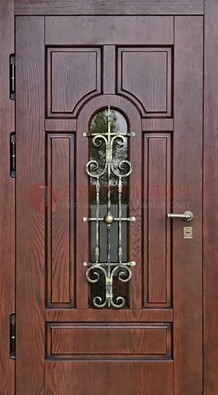 Cтальная дверь со стеклом и ковкой в коричневом цвете ДСК-119 в Дедовске