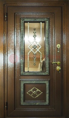 Теплая входная дверь со стеклом и ковкой разноцветной ДСК-13 в Дедовске