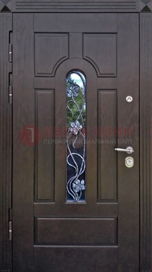 Металлическая дверь со стеклом и ковкой в цвете венге ДСК-142 в Дедовске
