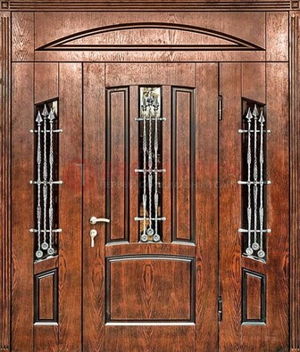 Стальная дверь со стеклом и ковкой с фрамугами ДСК-149 коричневая в Дедовске
