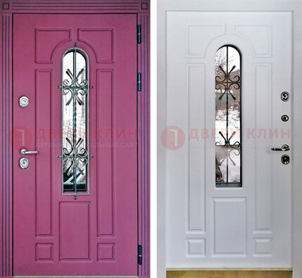 Розовая металлическая дверь со стеклом и ковкой ДСК-151 в Дедовске