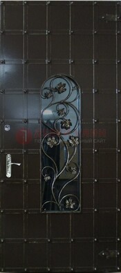 Высокая железная дверь со стеклом и ковкой ДСК-15 в Дедовске