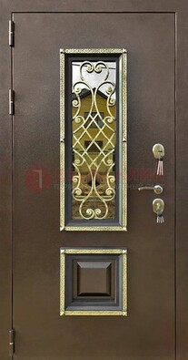 Входная дверь порошок со стеклом и ковкой для коттеджа ДСК-166 в Дедовске
