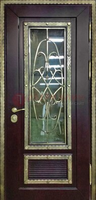 Темная уличная дверь порошок со стеклом и ковкой ДСК-167 в Дедовске