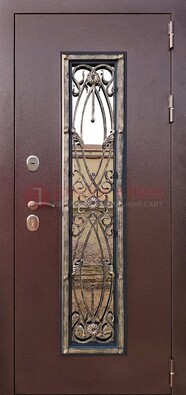 Коричневая стальная дверь порошок со стеклом и ковкой для дома ДСК-169 в Дедовске