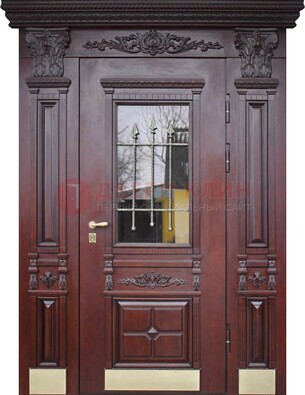 Железная парадная дверь массив дуба со стеклом и ковкой ДСК-175 в Дедовске