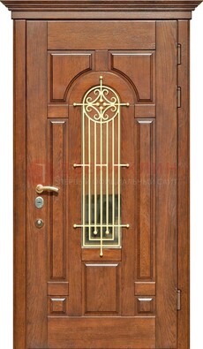 Коричневая железная дверь винорит со стеклом и ковкой ДСК-189 в Дедовске