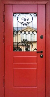Красная железная дверь Винорит со стеклом и ковкой ДСК-205 в Дедовске