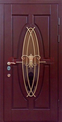 Бордовая стальная дверь Винорит со стеклом и ковкой ДСК-263 в Дедовске