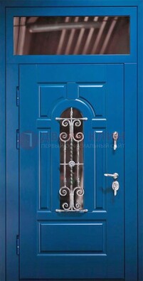 Синяя железная филенчатая дверь со стеклом и ковкой ДСК-97 в Дедовске
