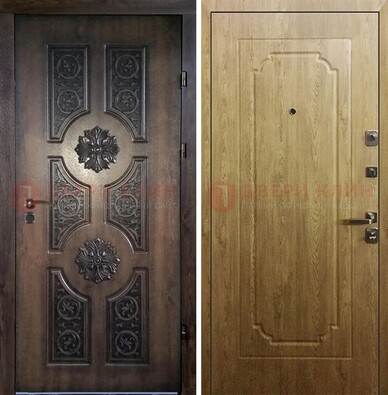 Железная коричневая дверь с виноритом и Золотой дуб внутри ДВТ-101 в Дедовске