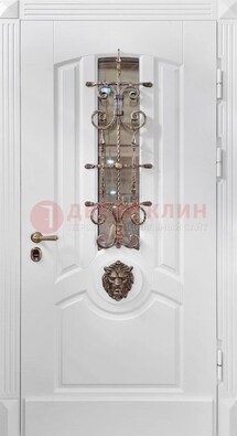Белая металлическая дверь с виноритом и стеклом с ковкой ДВТ-165 в Дедовске
