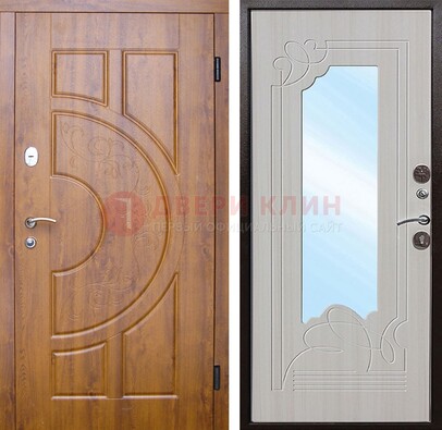 Коричневая металлическая дверь c МДФ с узором и зеркалом ДЗ-105 в Дедовске