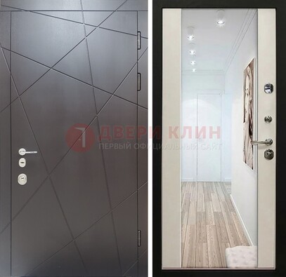 Железная коричневая дверь со светлой МДФ внутри и зеркалом ДЗ-125 в Дедовске