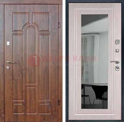 Входная коричневая дверь с МДФ Белый дуб и зеркалом ДЗ-126 в Дедовске