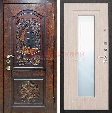 Темная уличная дверь с резьбой и зеркалом внутри ДЗ-49 в Дедовске