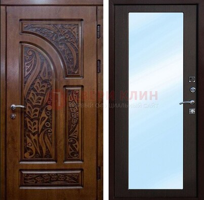 Коричневая входная дверь c узором и виноритом МДФ с зеркалом ДЗ-98 в Дмитрове