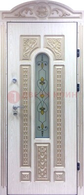 Белая железная дверь с МДФ и витражом ВЖ-26 в Дедовске