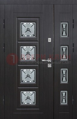 Чёрная двухстворчатая железная дверь с МДФ и витражом ВЖ-35 в Дедовске