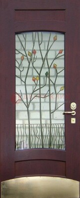 Бордовая стальная дверь с витражом и декоративным элементом ВЖ-3 в Дедовске